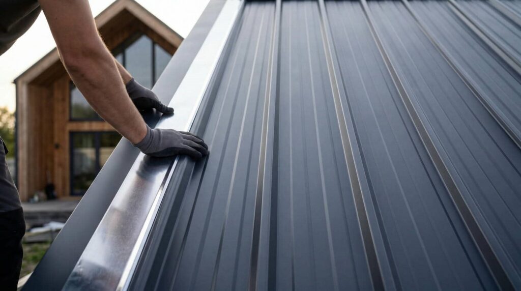 A person wearing gloves installing a metal roof panel on a house.