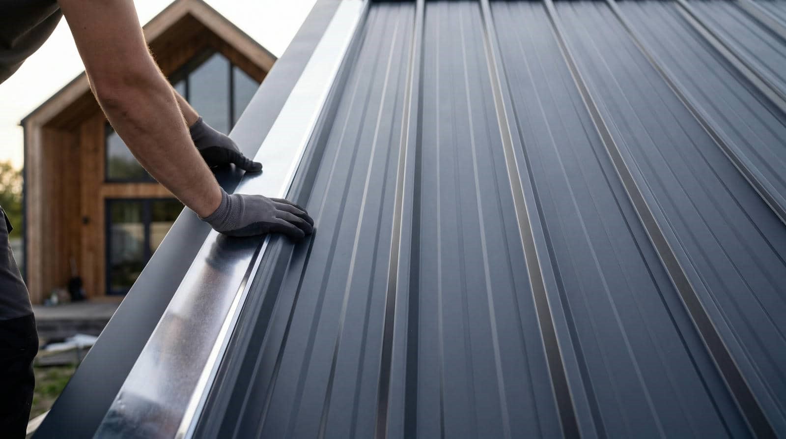 A person wearing gloves installing a metal roof panel on a house.