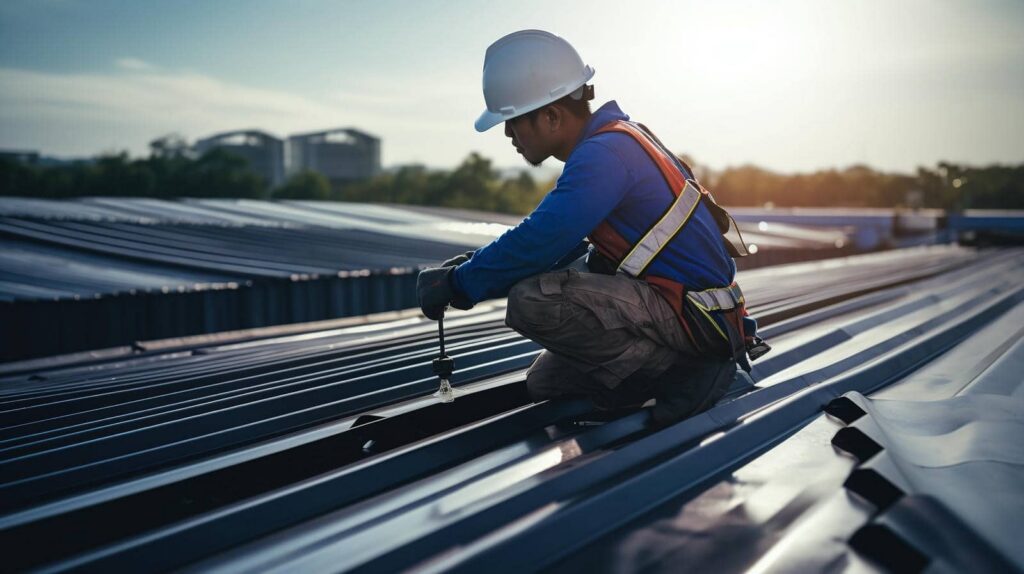 Construction worker in safety gear installing or inspecting a metal roof at sunset.