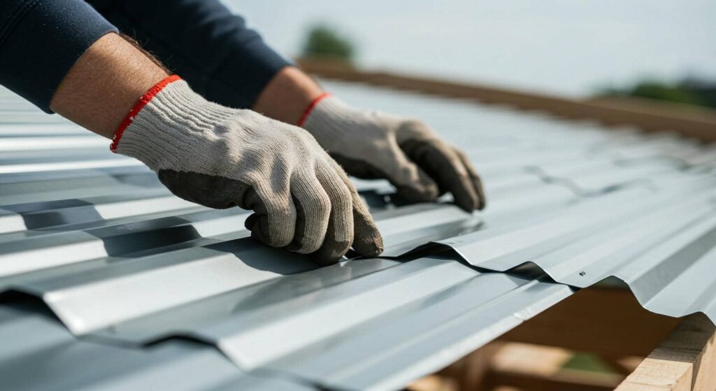 Hands wearing gloves installing corrugated metal roofing sheets.