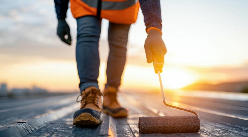 Person wearing gloves and boots applying coating with a roller on a metal roof at sunset.