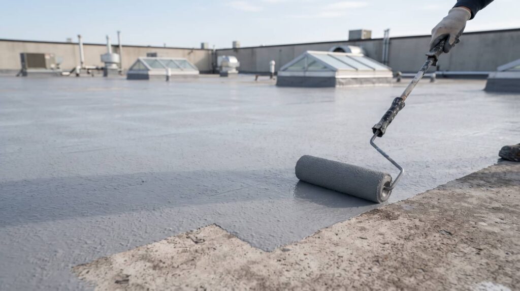 Worker applying gray coating to a flat rooftop with a paint roller.