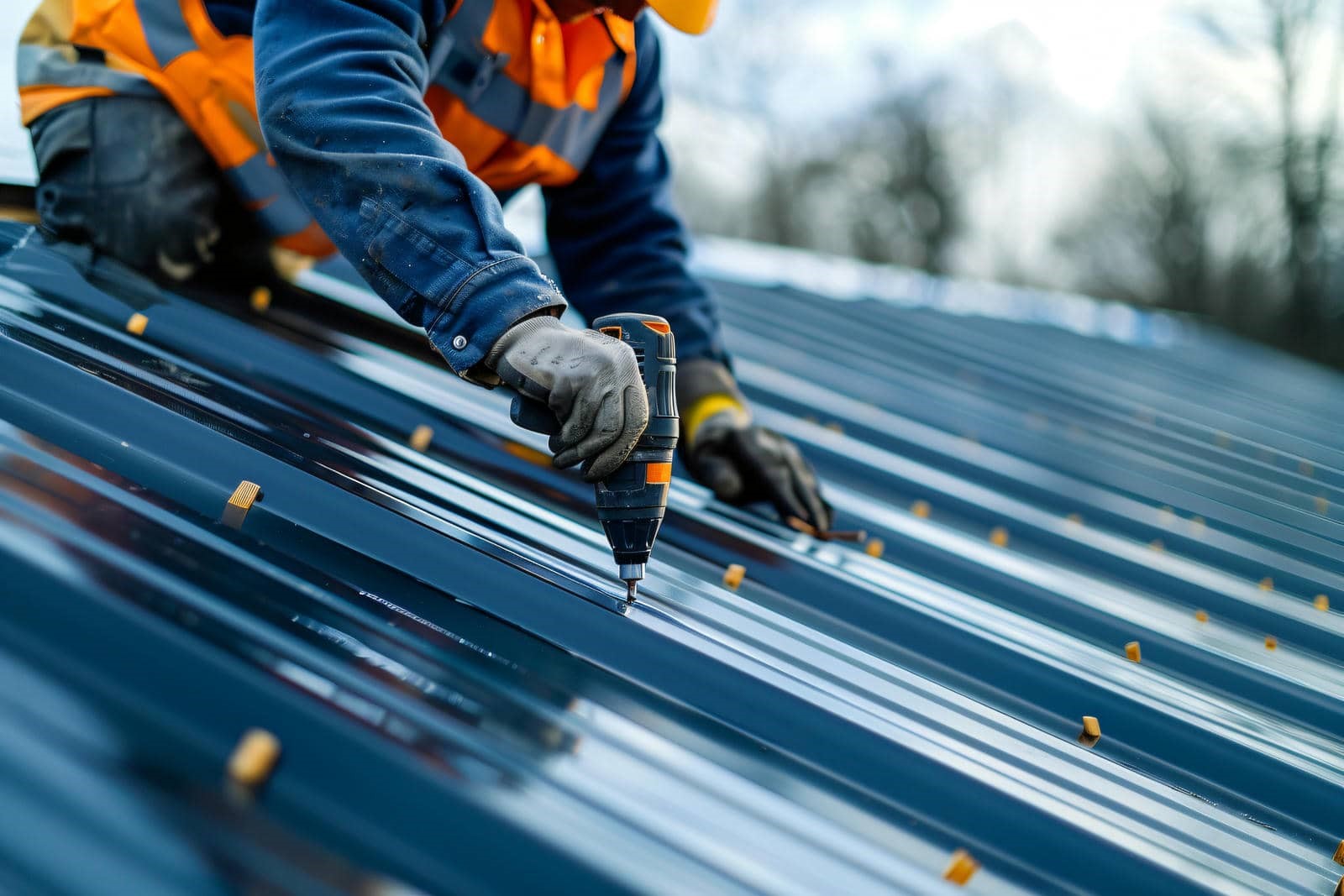 Worker in gloves using a power drill to install screws on a metal roof.