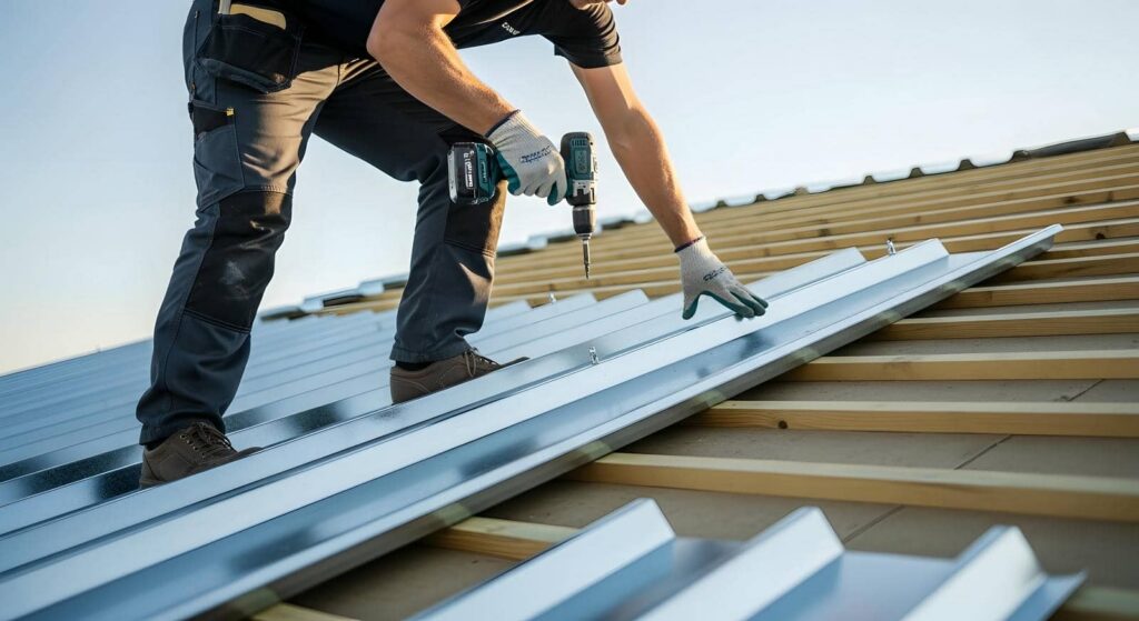 A worker installs metal roofing panels using a cordless drill on a wooden frame.