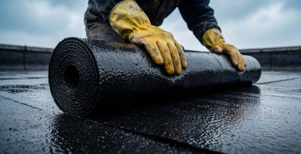 Worker unrolling a waterproof roofing membrane on a wet roof.