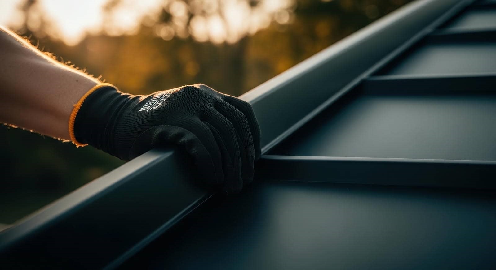 Hand wearing a black glove gripping the edge of a dark metal roof panel at sunset.