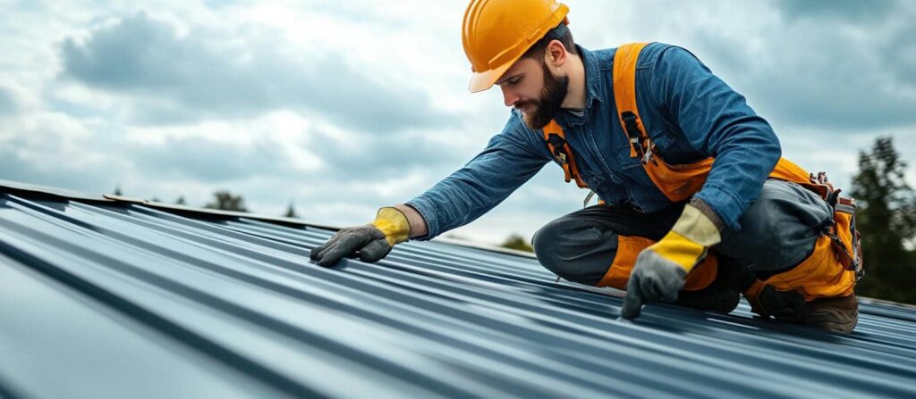 Construction worker in safety gear inspecting a metal roof outdoors.