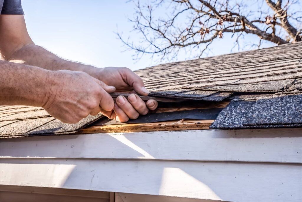 Hands repairing damaged roof shingles.