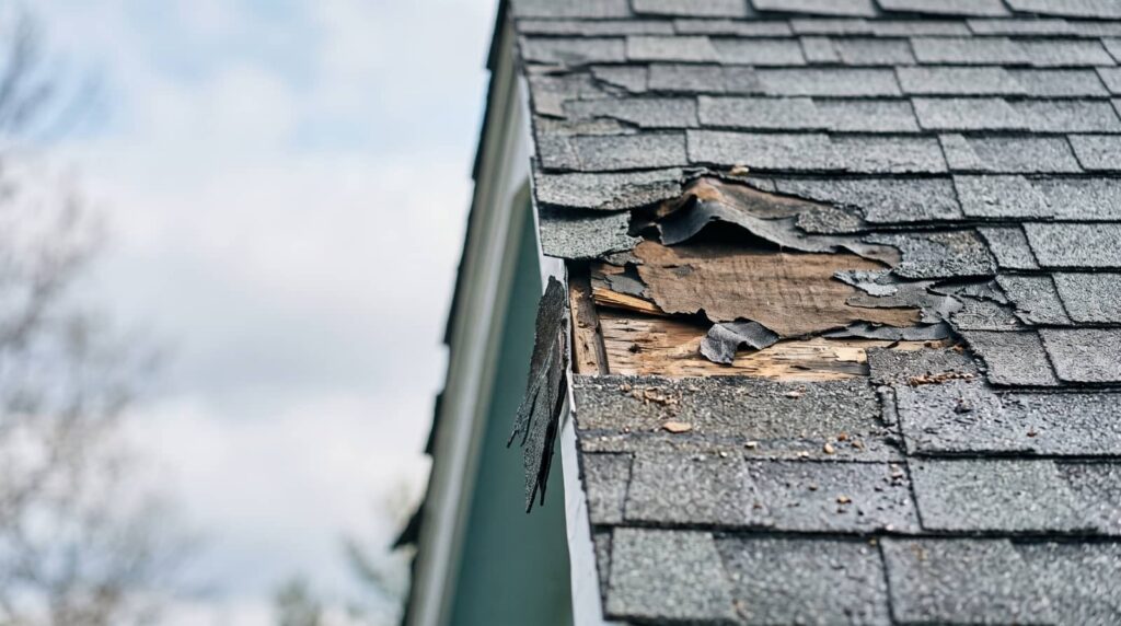 Damaged shingle roof with exposed wood.
