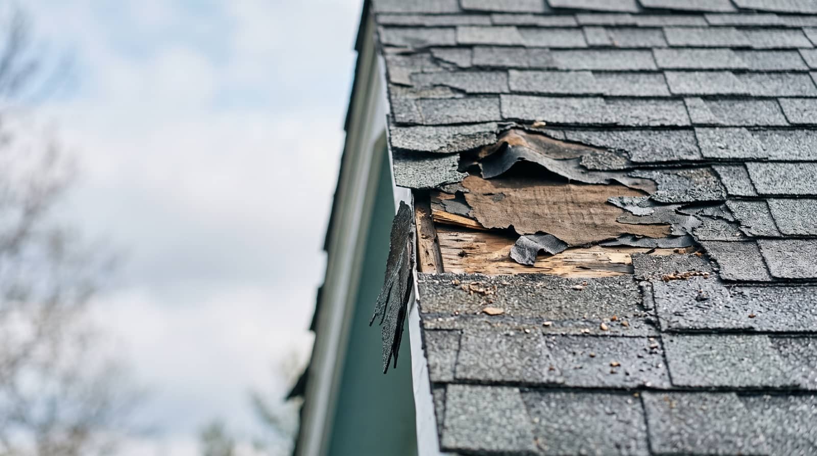Damaged shingle roof with exposed wood.
