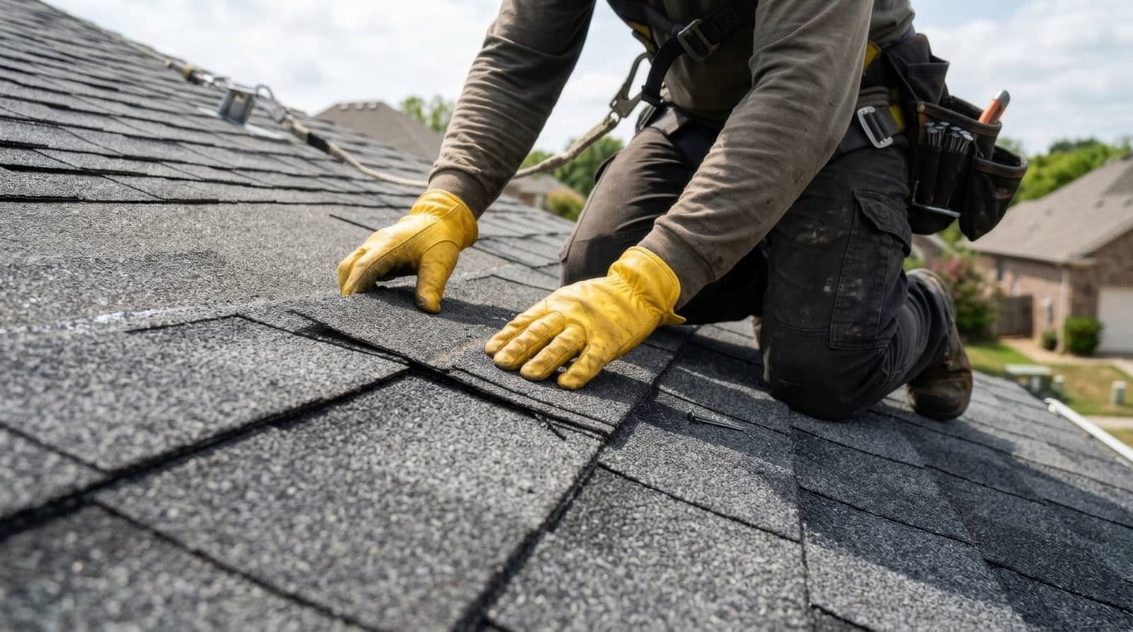 Roofer kneeling on a shingled roof, installing or repairing shingles.