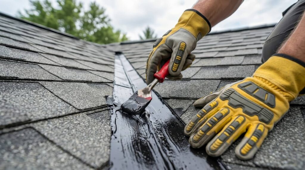 Gloved worker applying roof sealant with a putty knife.
