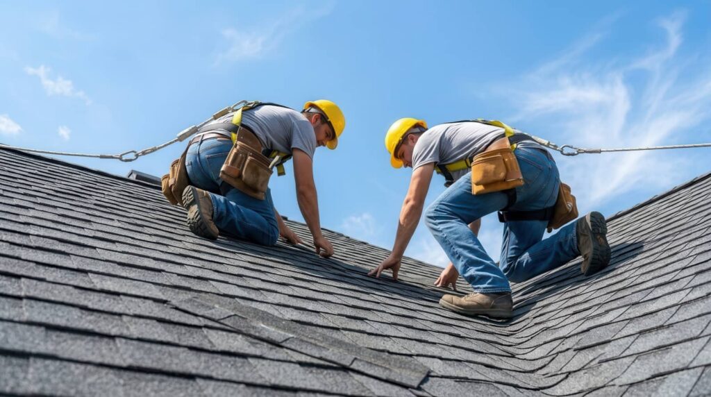 Two roofers in hard hats inspect a shingled roof.