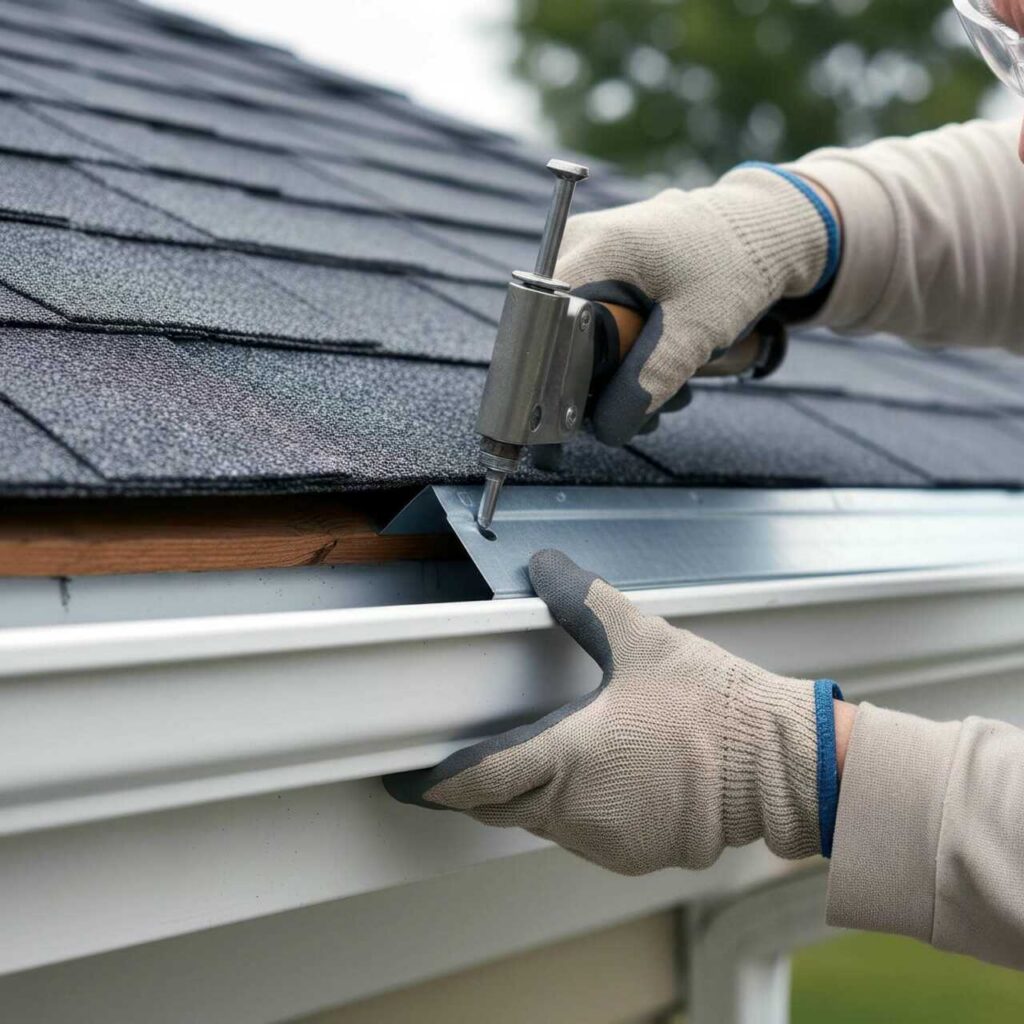 Hands in gloves installing a metal gutter guard on a roof edge with a nail gun.