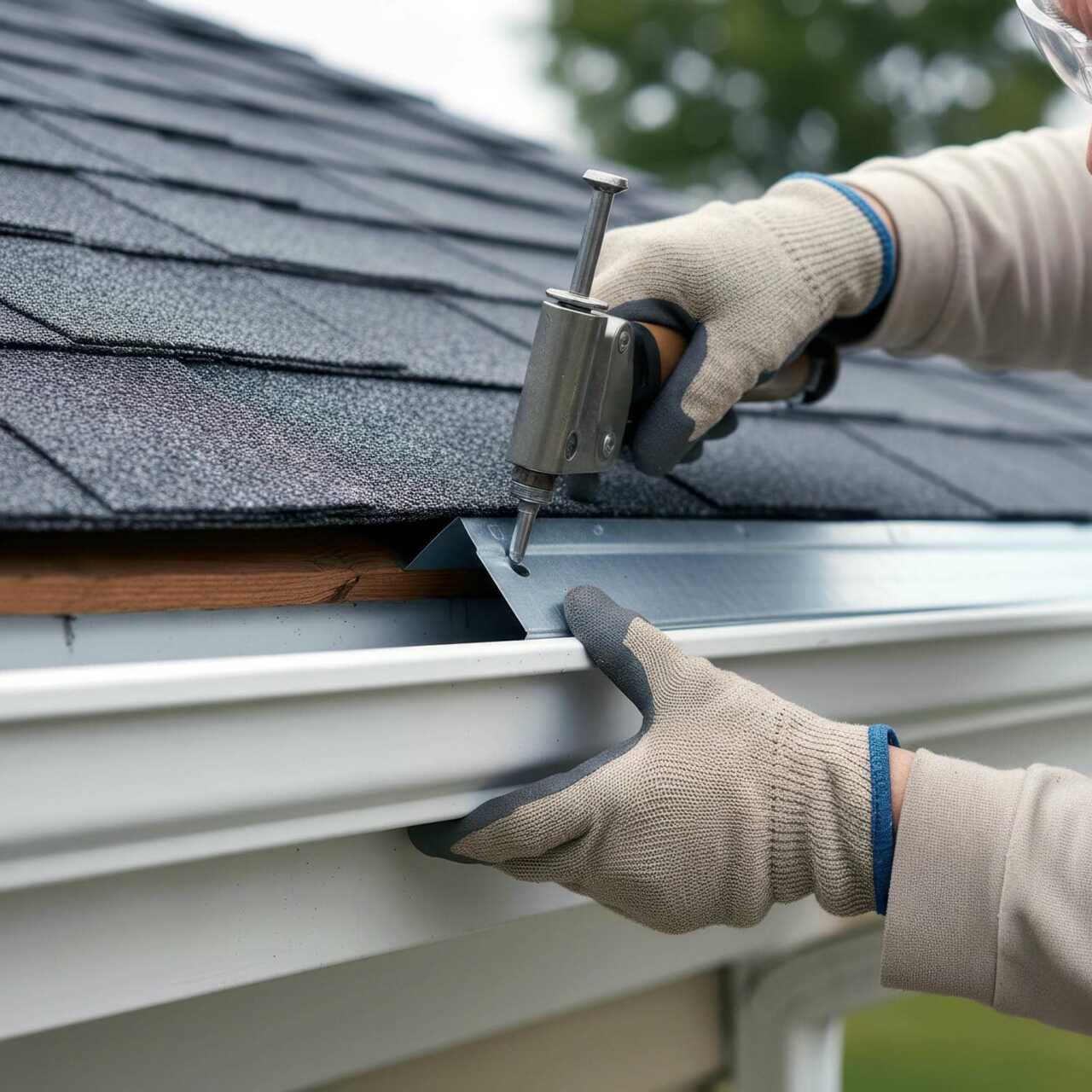 Hands in gloves installing a metal gutter guard on a roof edge with a nail gun.