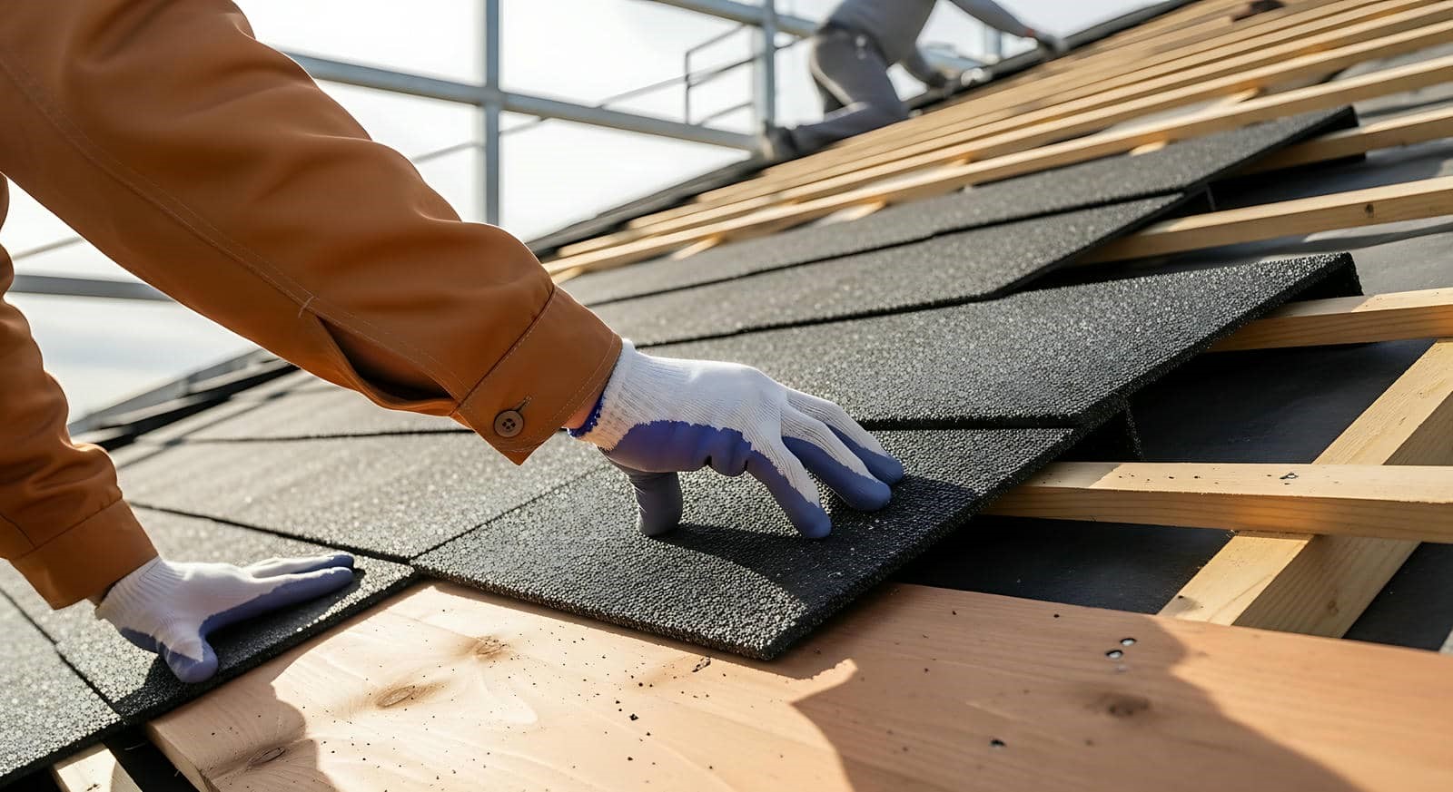 A worker wearing gloves installs black roofing shingles on a wooden roof frame.