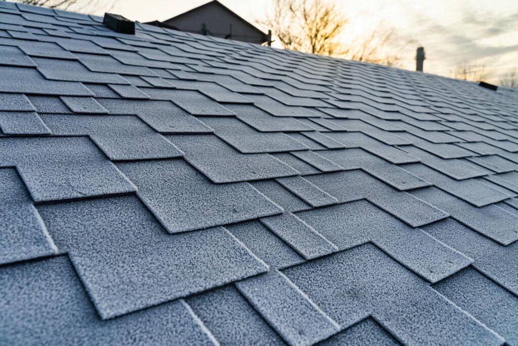 Close-up of a frosted gray shingle roof with a house and trees in the background at sunset.