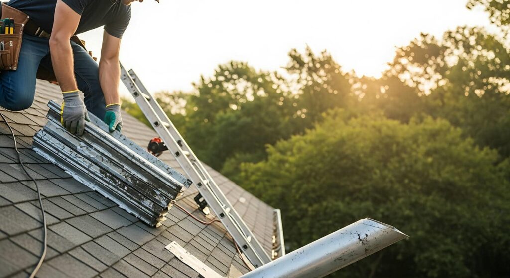 Worker installing metal flashing on a rooftop with a ladder and trees in the background.
