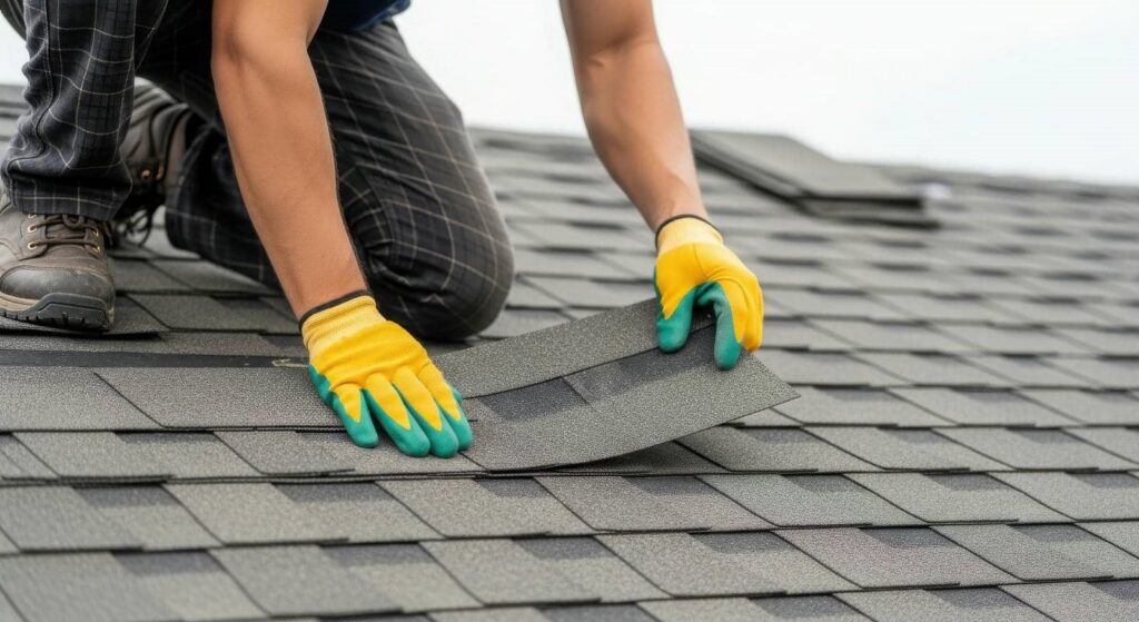A person wearing yellow gloves installs gray asphalt shingles on a roof.