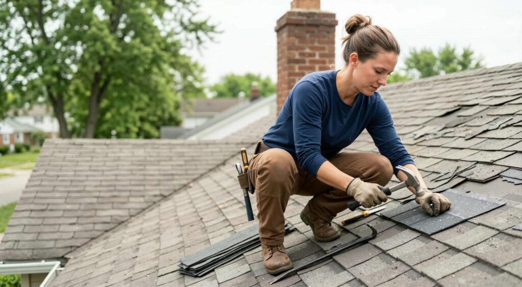 Woman wearing gloves and using a hammer to repair shingles on a roof.
