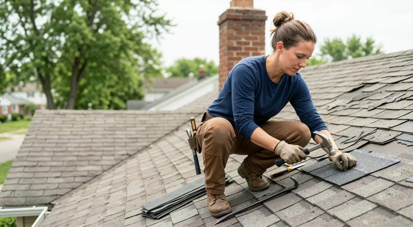 Woman wearing gloves and using a hammer to repair shingles on a roof.
