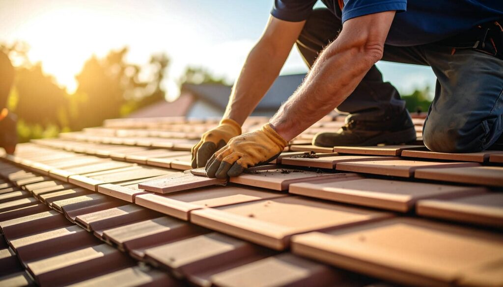 Worker installing tiles on roof