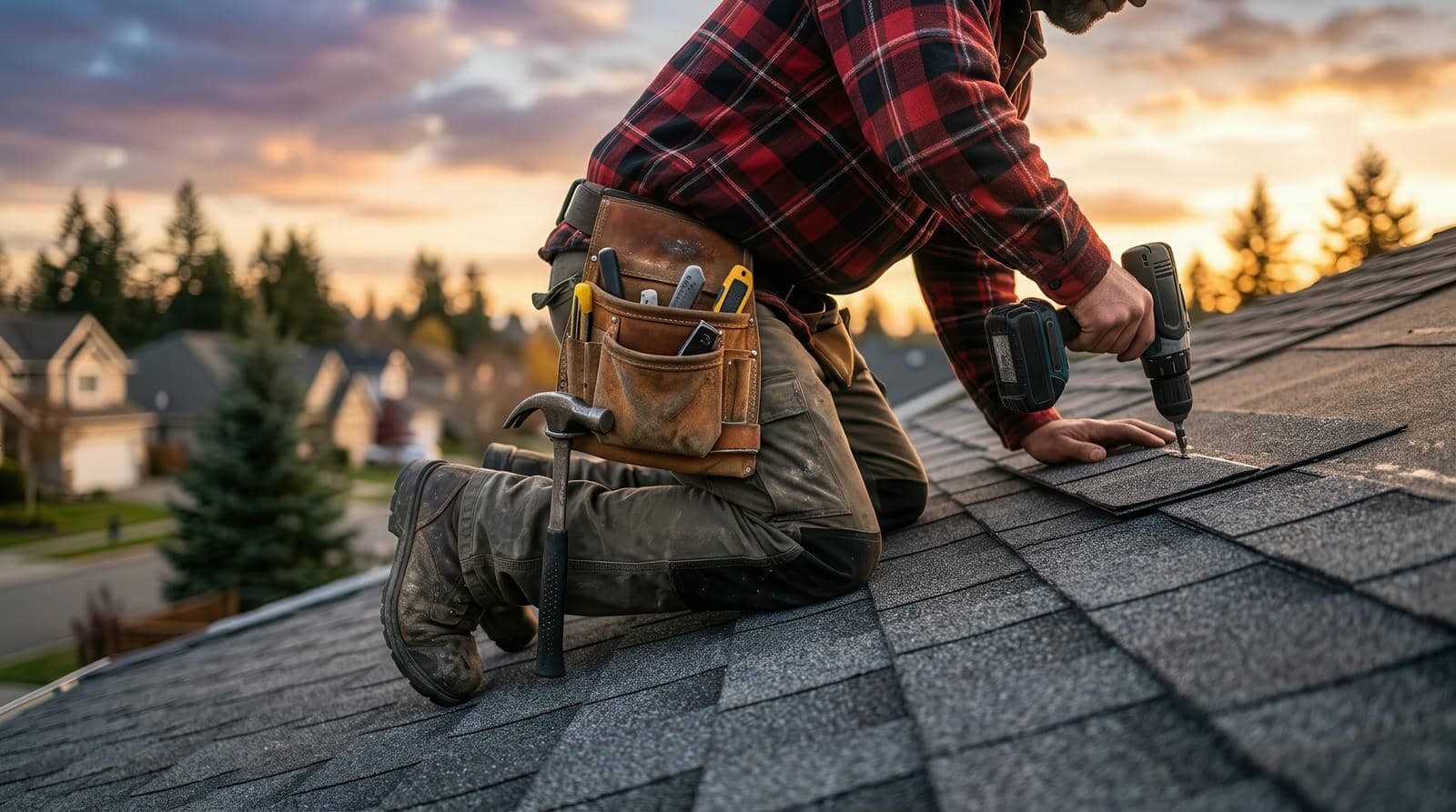 A worker in a red plaid shirt kneels on a roof, using a drill to install shingles at sunset.