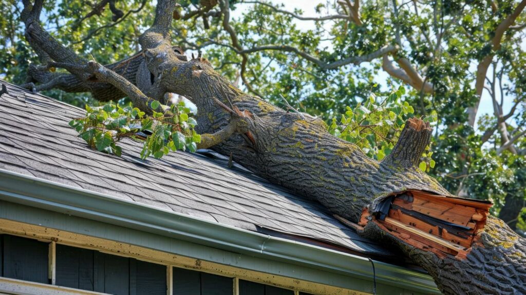 Large broken tree branch resting on a house roof, causing visible damage to the shingles.