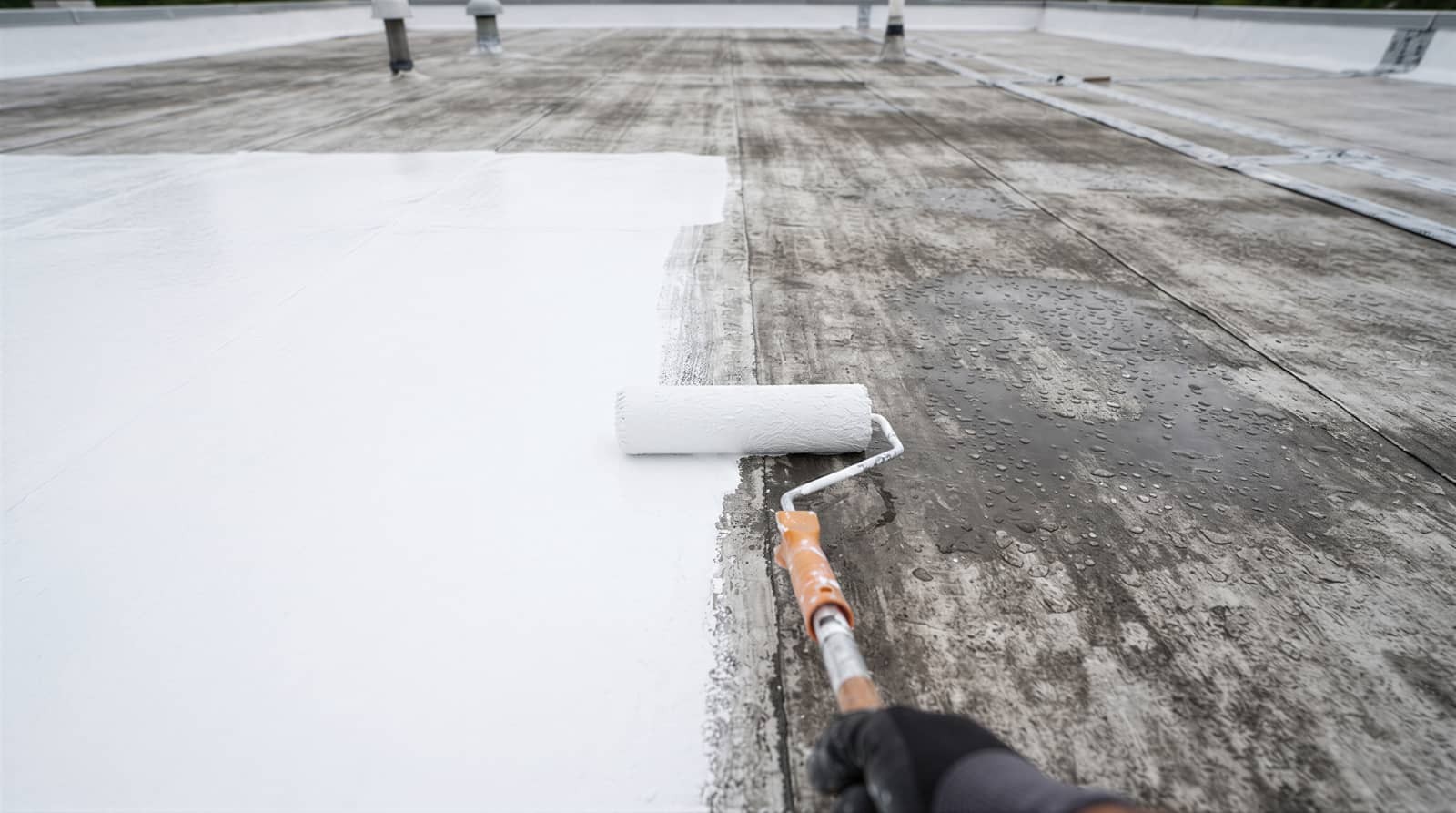 Person painting a flat roof white with a roller.