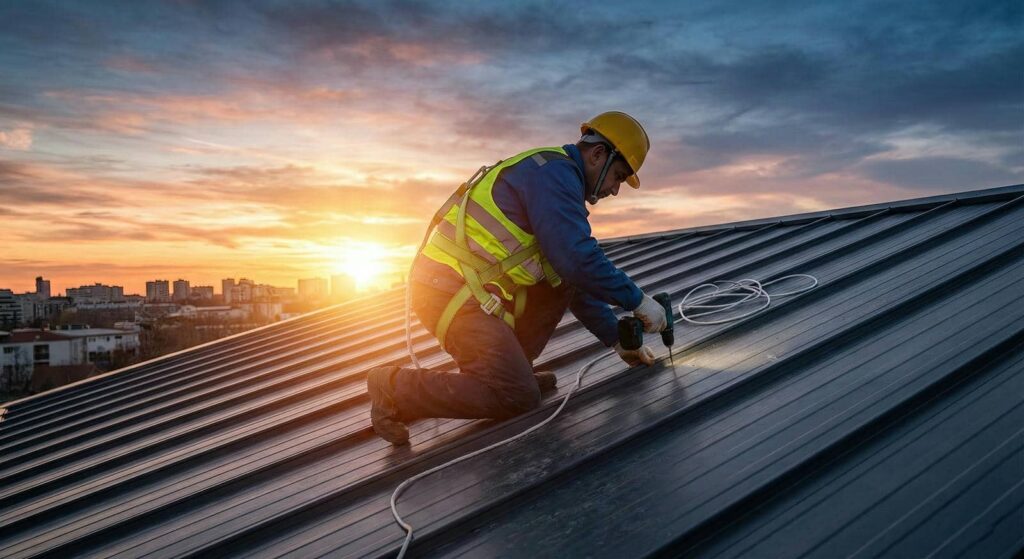 Construction worker in safety gear using a drill on a metal roof at sunset.
