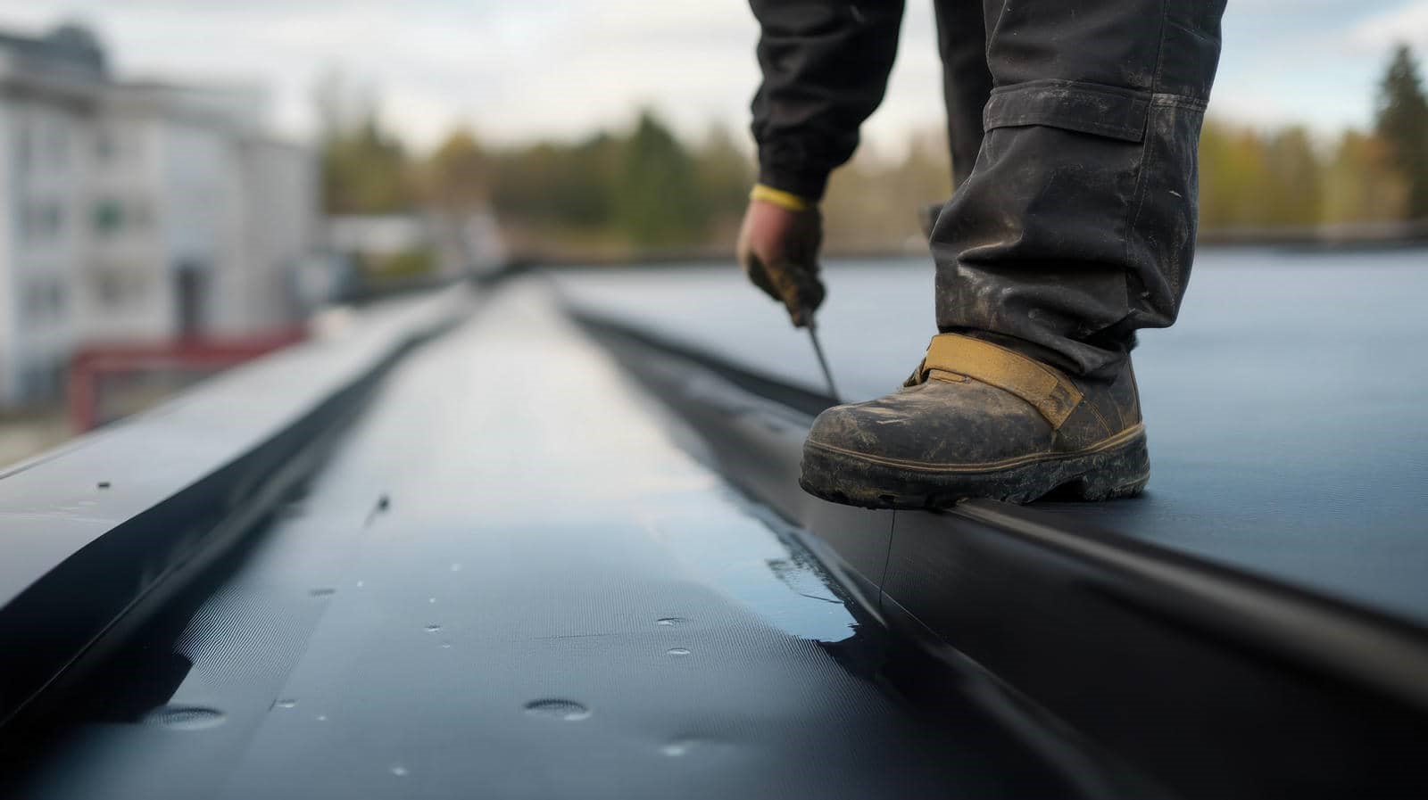 Worker repairing a flat roof.