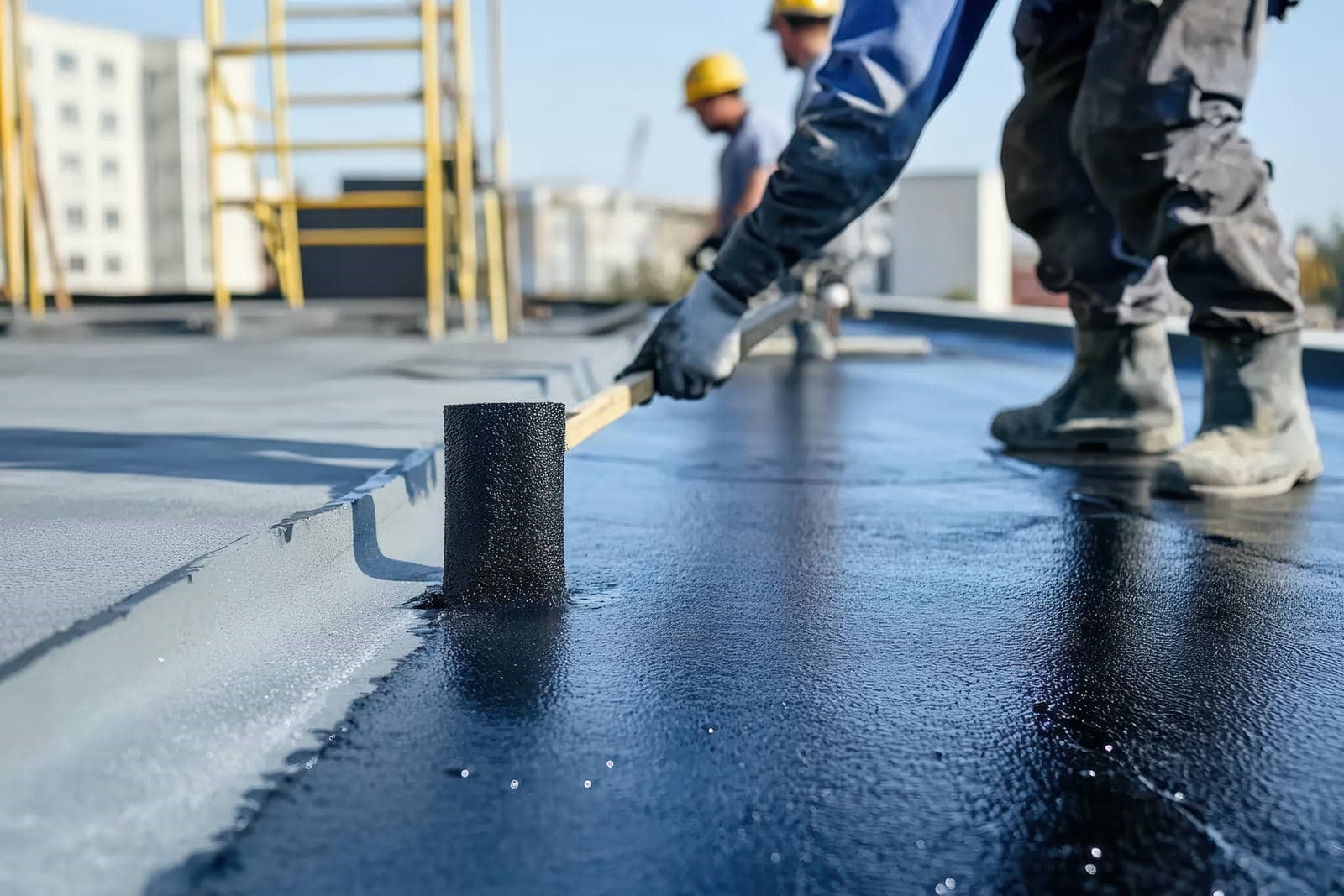 Workers applying coating on flat roof.