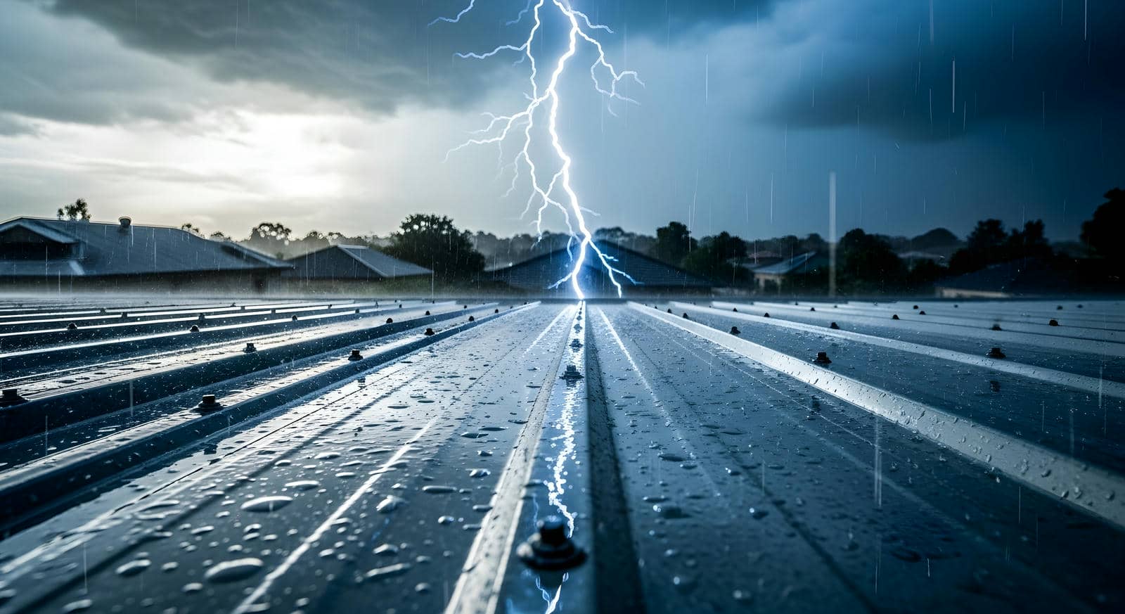 Lightning strikes during heavy rain.