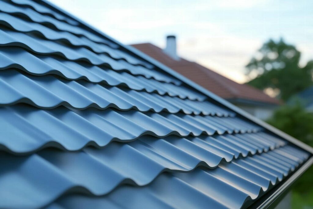 Close-up of metal roofing tiles.