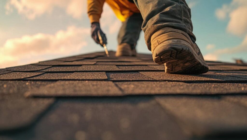 Person installing shingles on roof