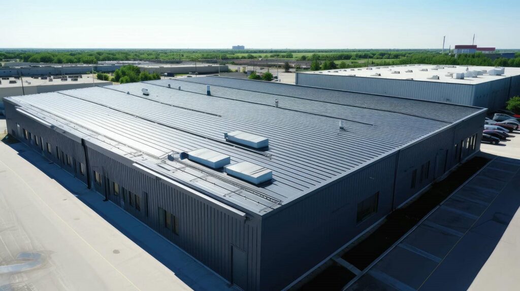 Large industrial building with metal roof