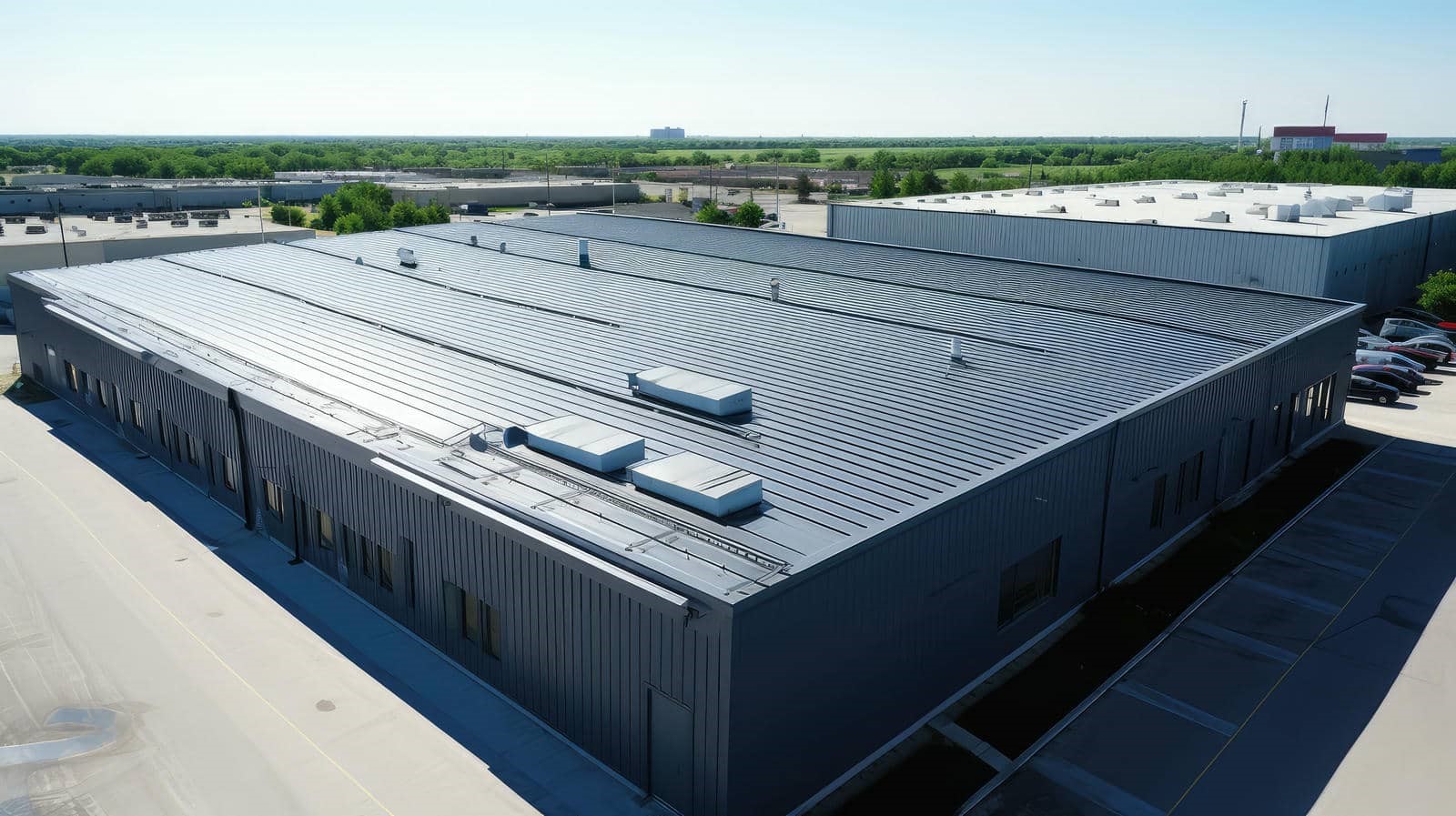 Large industrial building with metal roof