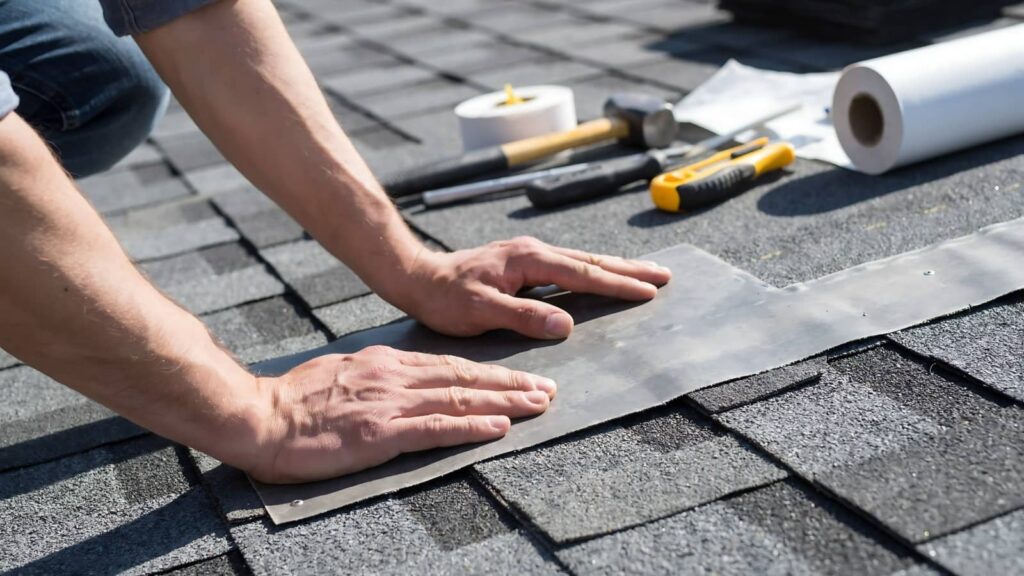 Hands installing roof flashing on asphalt shingles.