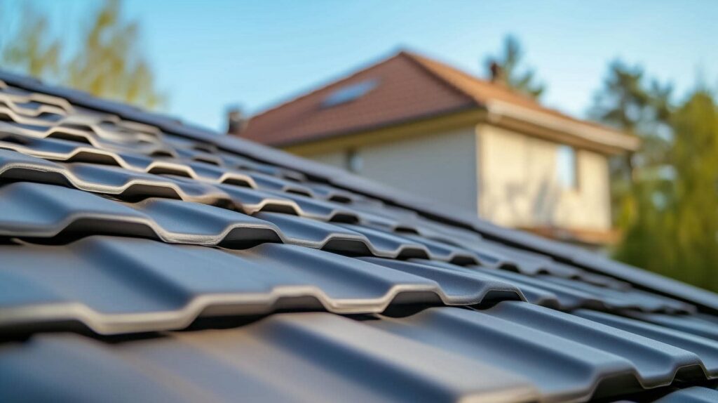 Close-up of a gray metal roof with a blurred house and trees in the background.