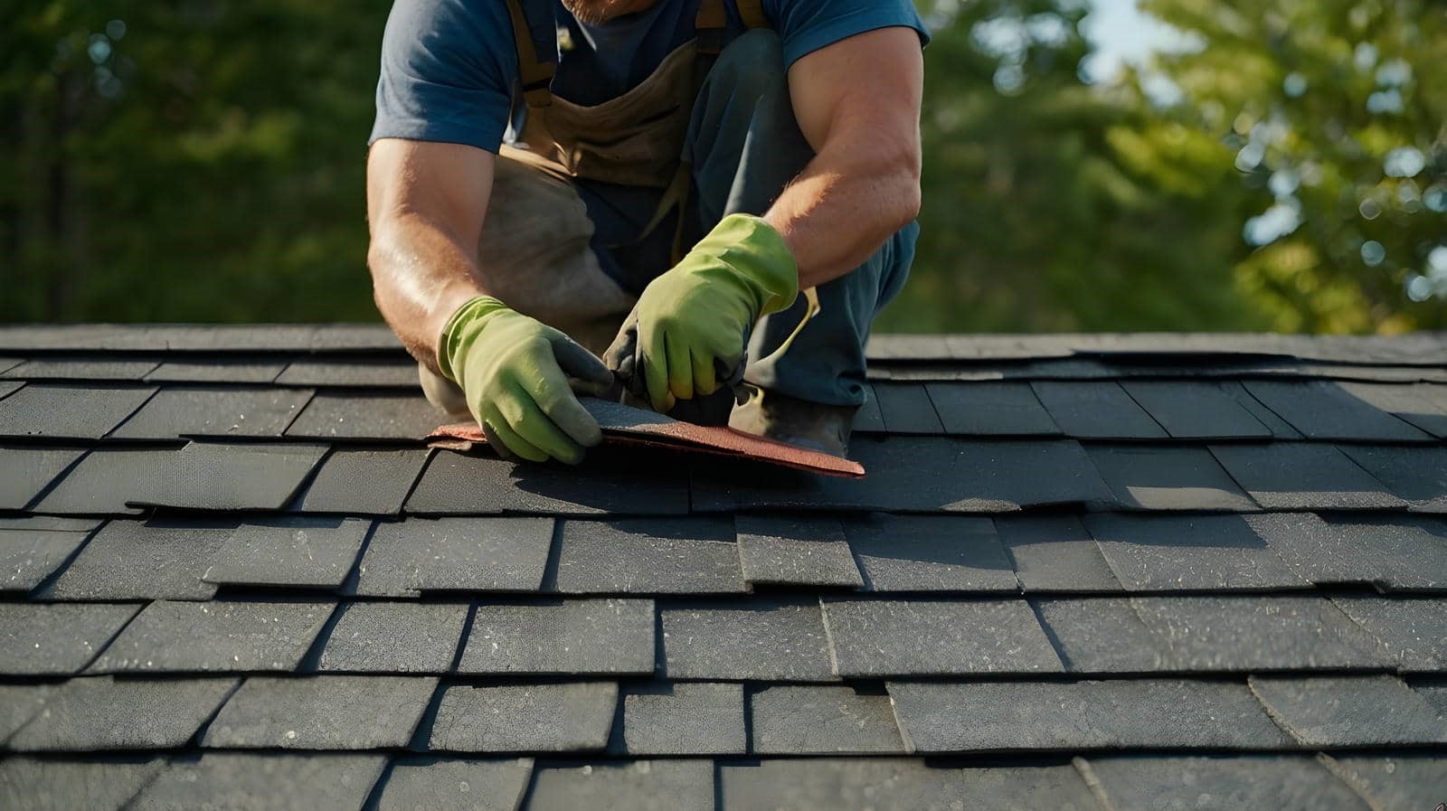 Person wearing green gloves installing or repairing shingles on a roof.