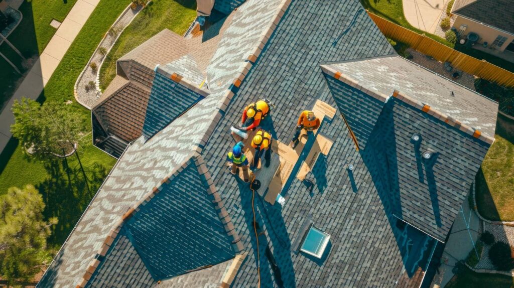 Workers repairing a residential roof.