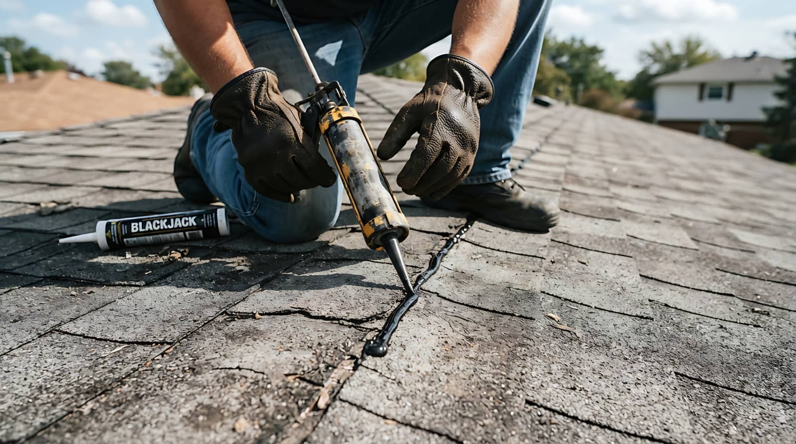 Worker sealing a cracked roof with caulk.