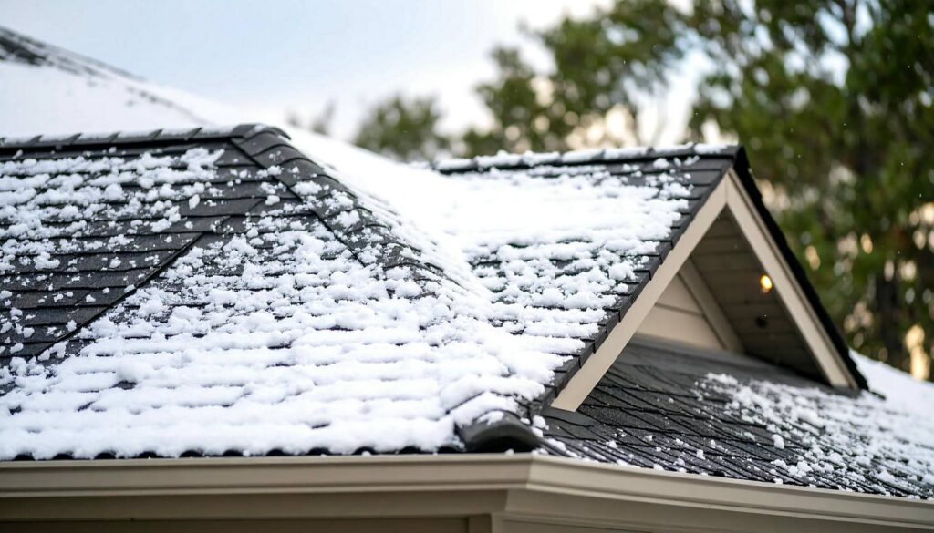 Snow-covered roof with shingles visible.