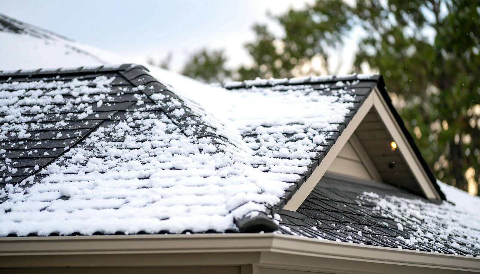 Snow-covered roof with shingles visible.