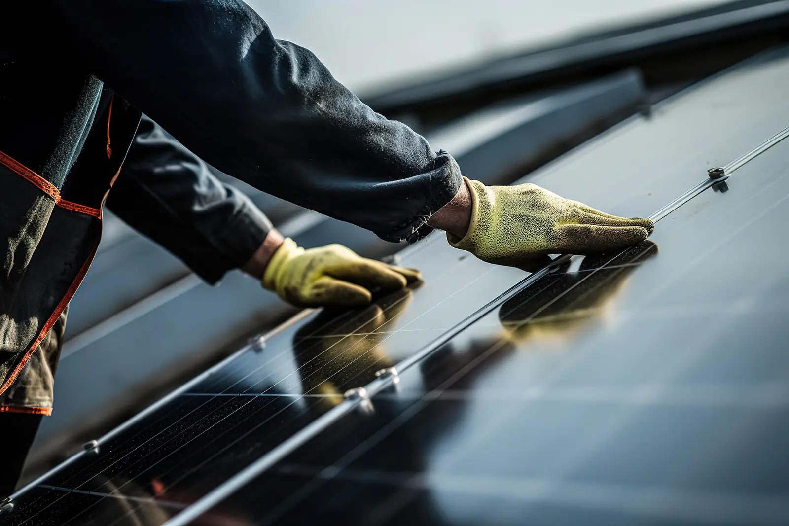 Man installing solar panel on a commercial roof