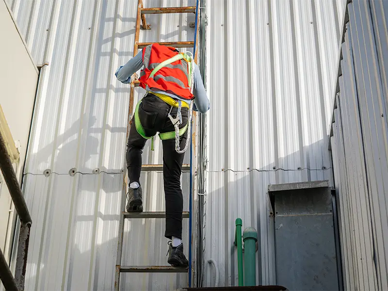 Worker wearing safety harness and orange vest climbing a metal ladder on a building exterior.