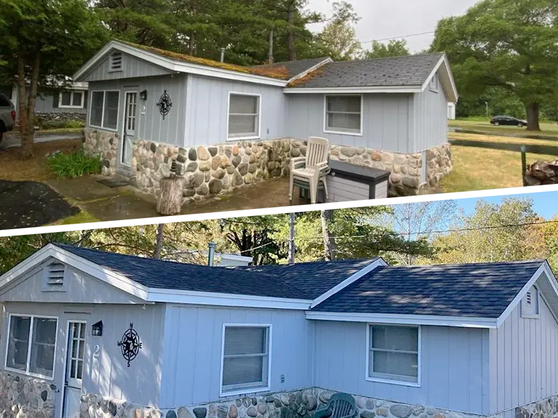 Two images showing the same small house with stone and blue siding, one with an older roof and one with a new roof.