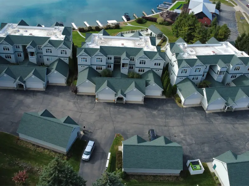 Aerial view of new roofs on Harbor Watch apartments